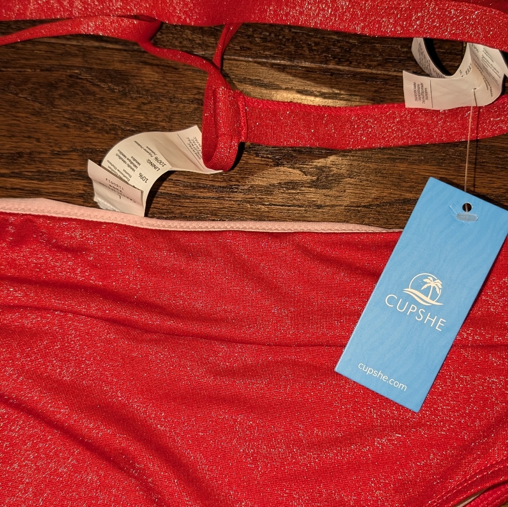 NWT Cupshe Red Sparkly Bikini High Waisted Cheeky Fit Triangle Top - Picture 8 of 9
